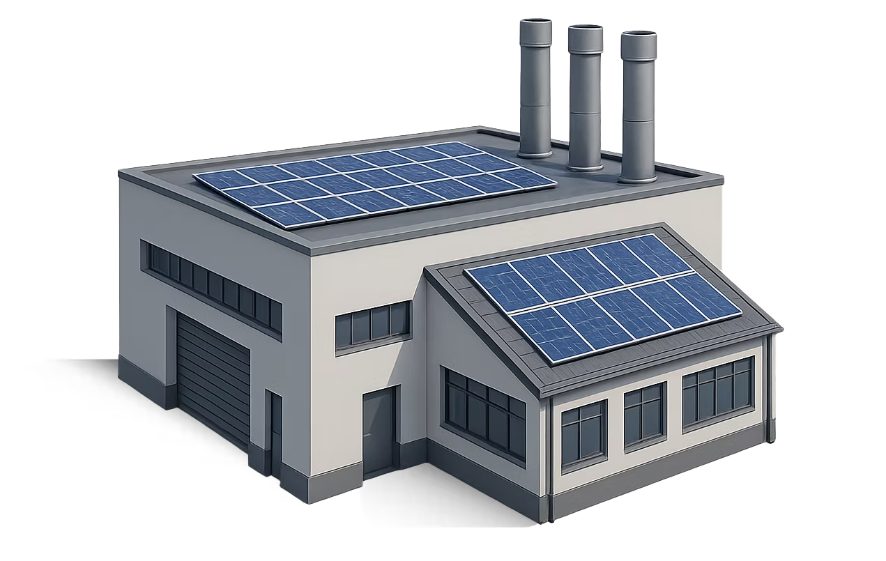 Casa y edificio con paneles solares